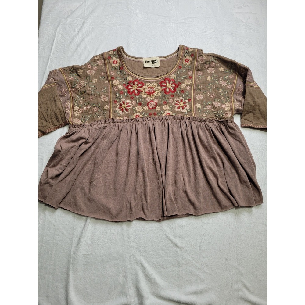 Savanna Jane Babydoll Top Women M Brown Floral Embroidered Boho Gauze